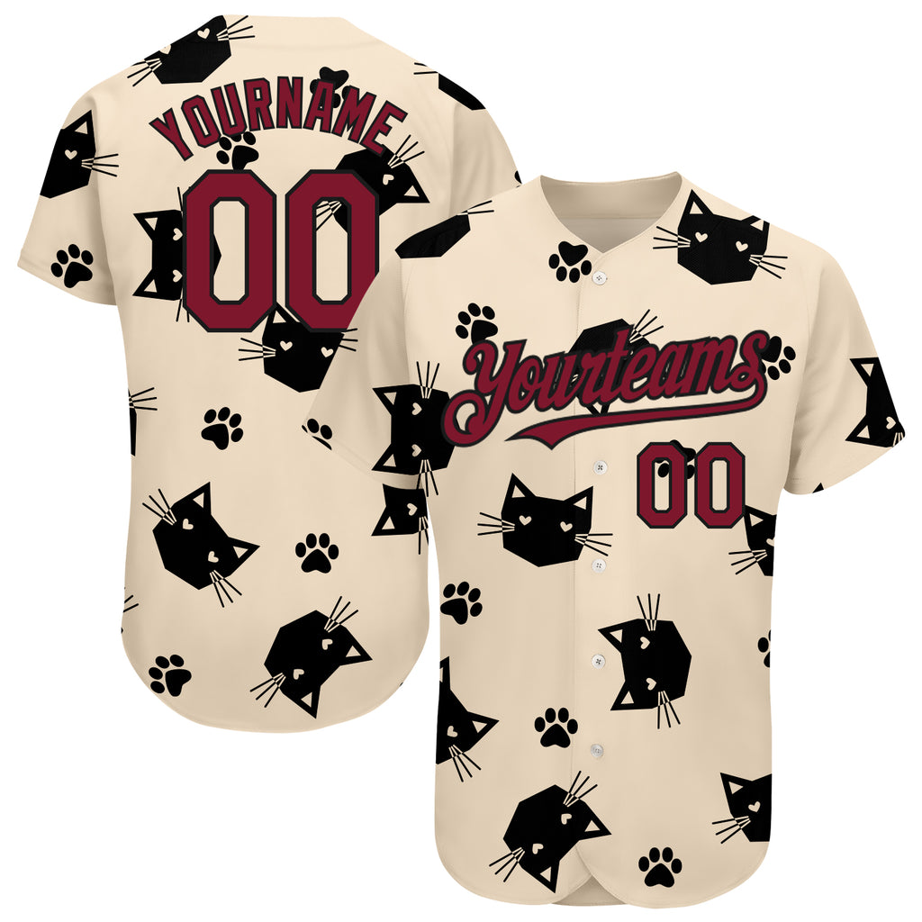 Custom Cream Crimson-Black 3D Pattern Design Cat Authentic Baseball Jersey