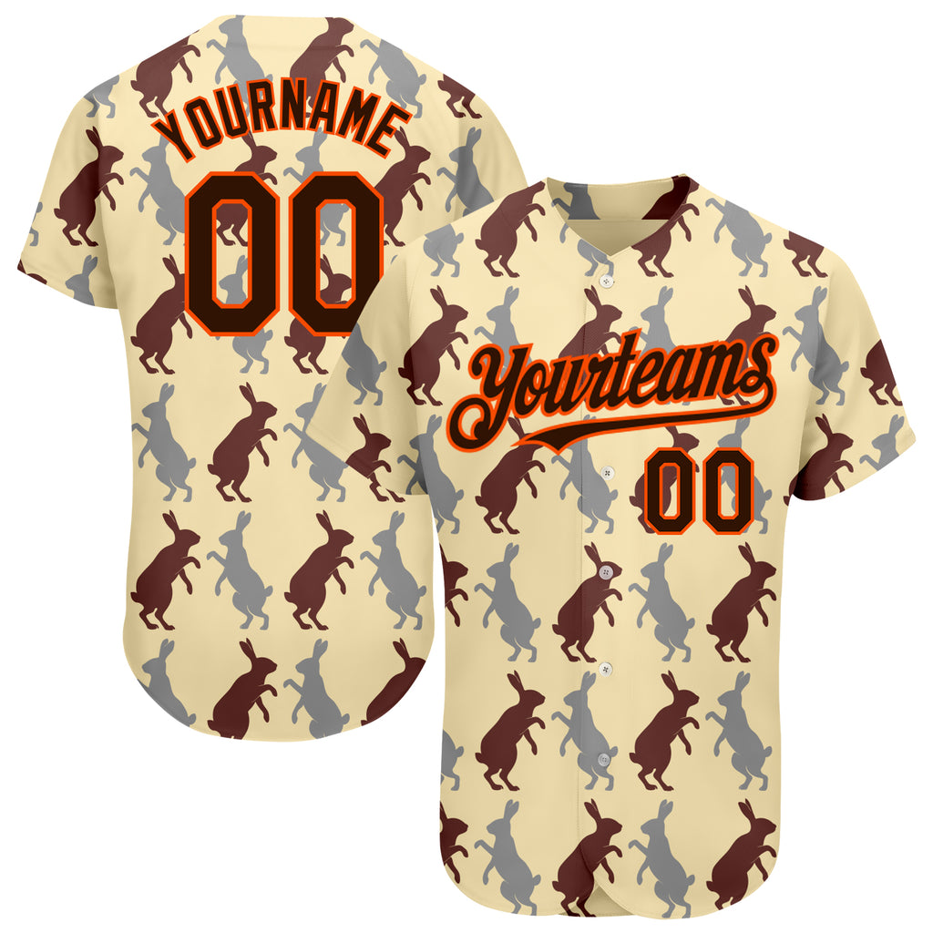 Custom City Cream Brown-Orange 3D Pattern Design Rabbit Authentic Baseball Jersey