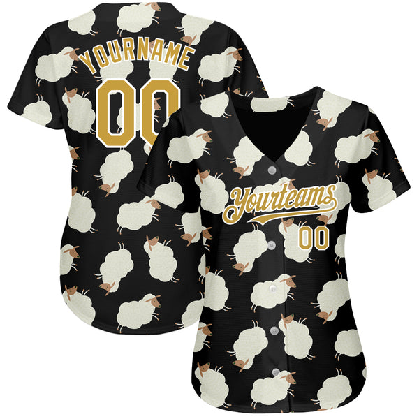 Custom Black Old Gold-White 3D Pattern Design Goat Authentic Baseball Jersey