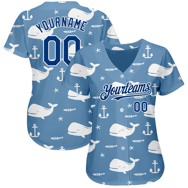 Custom Light Blue US Navy Blue-White 3D Pattern Design Whale Authentic Baseball Jersey