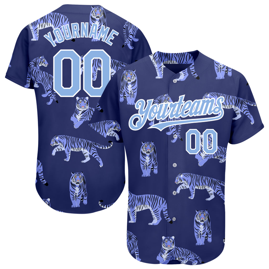 Custom Purple Light Blue-White 3D Pattern Design Tiger Authentic Baseball Jersey