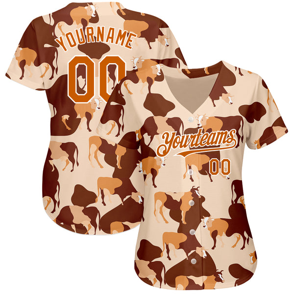 Custom Cream Texas Orange-White 3D Pattern Design Ox Authentic Baseball Jersey