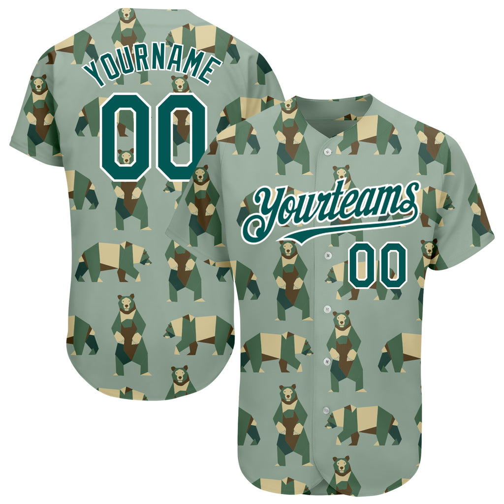 Custom Green Grass Green-White 3D Pattern Design Bear Authentic Baseball Jersey