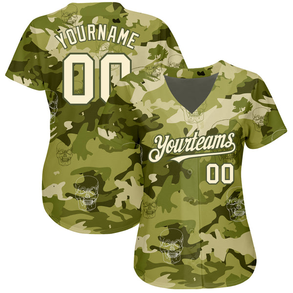 Custom Camo Cream-Olive 3D Skull Fashion Authentic Baseball Jersey