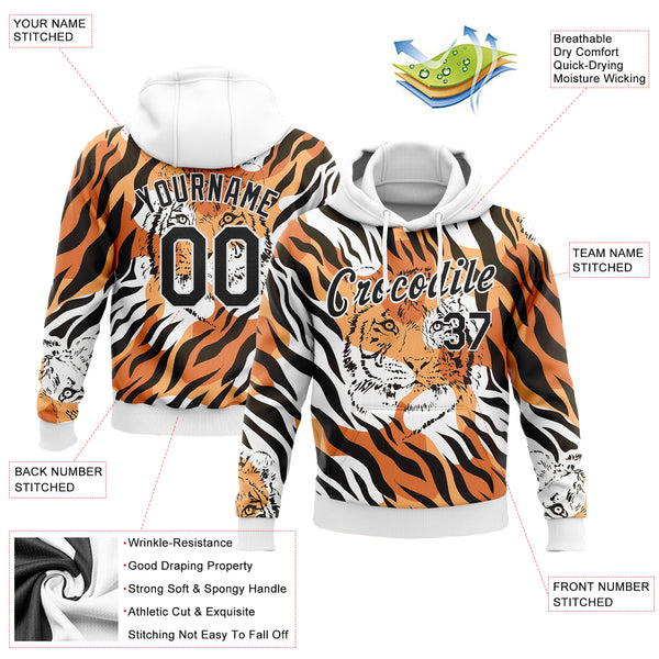 Custom Stitched Orange Black-White 3D Pattern Design Tiger Sports Pullover Sweatshirt Hoodie