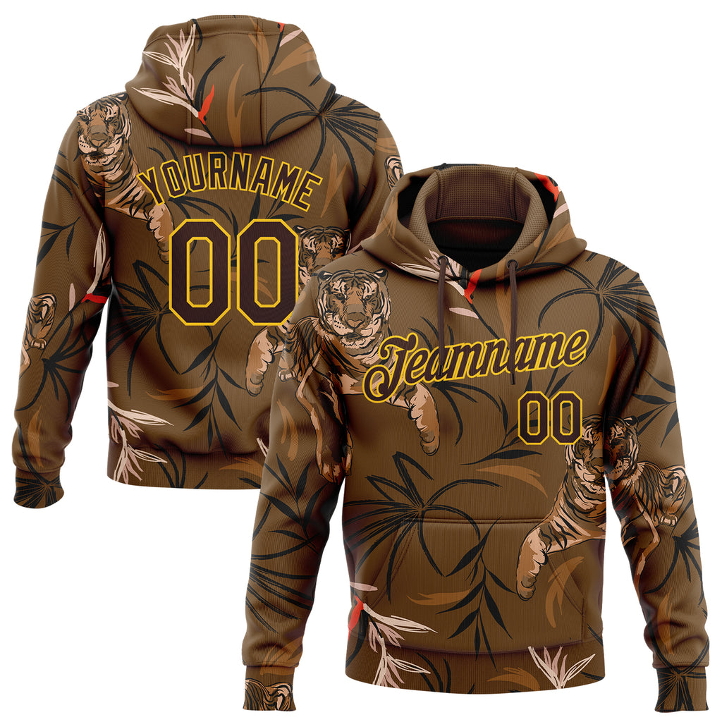 Custom Stitched Brown Yellow 3D Pattern Design Tiger And Plants Sports Pullover Sweatshirt Hoodie