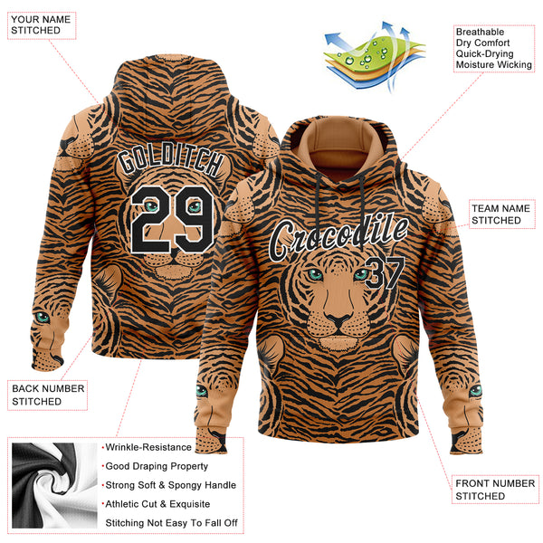 Custom Stitched Vegas Gold Black-White 3D Pattern Design Tiger Sports Pullover Sweatshirt Hoodie