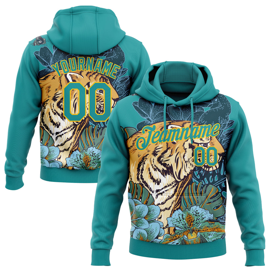 Custom Stitched Teal Yellow 3D Pattern Design Tiger And Flower Sports Pullover Sweatshirt Hoodie