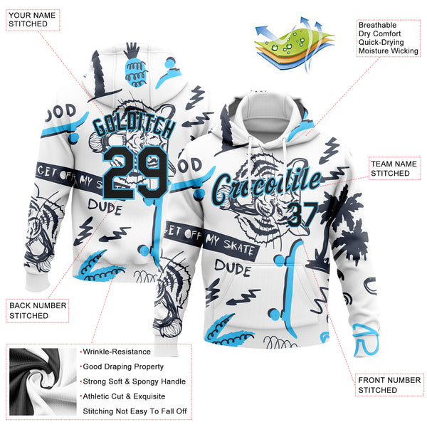 Custom Stitched White Black-Sky Blue 3D Pattern Design Tiger And Hawaii Palm Tree Sports Pullover Sweatshirt Hoodie