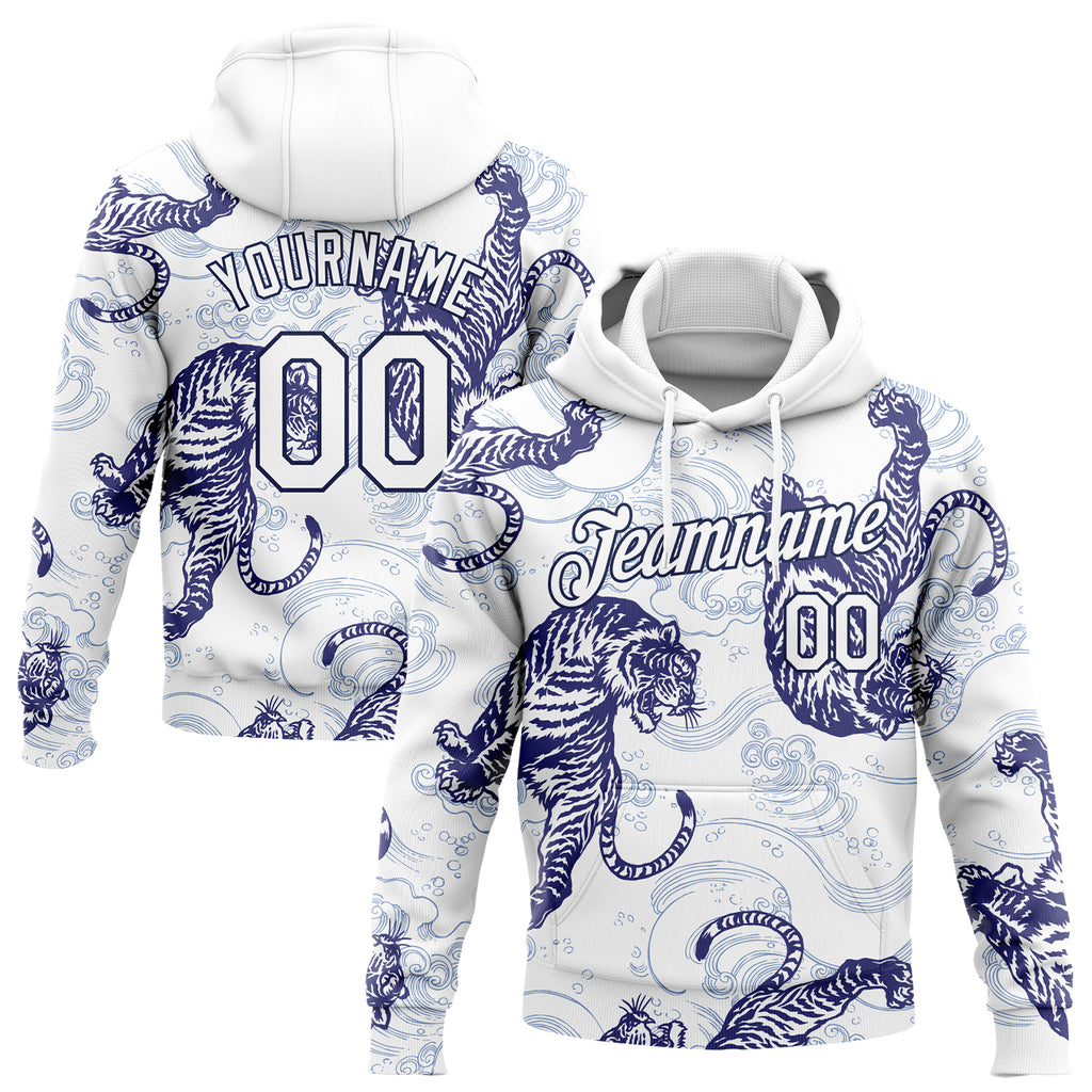 Custom Stitched White Navy 3D Pattern Design Tiger Sports Pullover Sweatshirt Hoodie