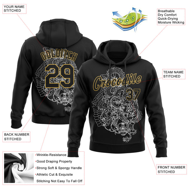 Custom Stitched Black Old Gold 3D Pattern Design Tiger And Skull Sports Pullover Sweatshirt Hoodie