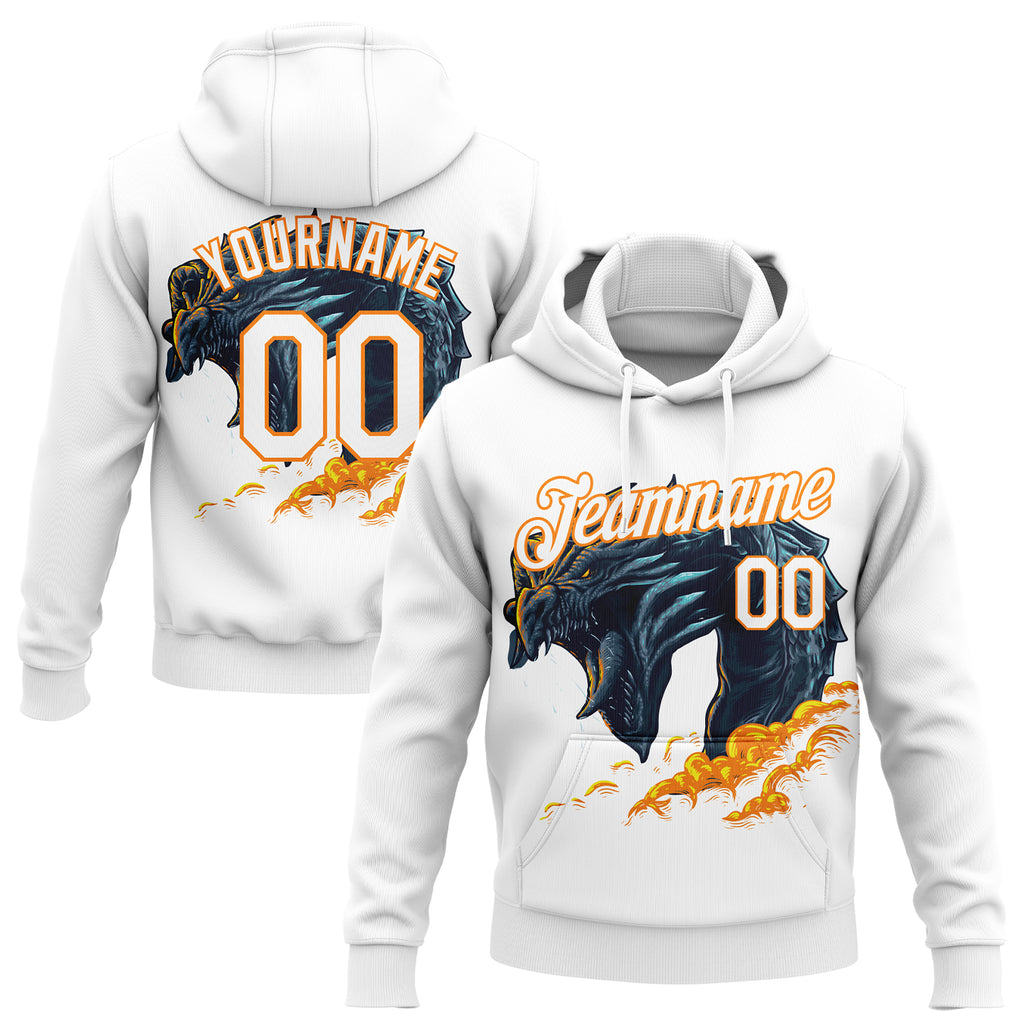 Custom Stitched White Bay Orange 3D Pattern Design Fire Dragon Sports Pullover Sweatshirt Hoodie