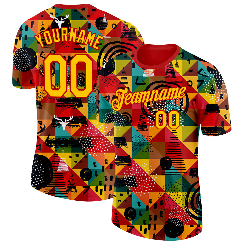 Custom Red Yellow 3D Pattern Design Black History Month Performance T-Shirt