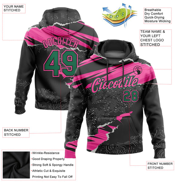 Custom Stitched Black Kelly Green-Pink 3D Pattern Design Torn Paper Style Sports Pullover Sweatshirt Hoodie
