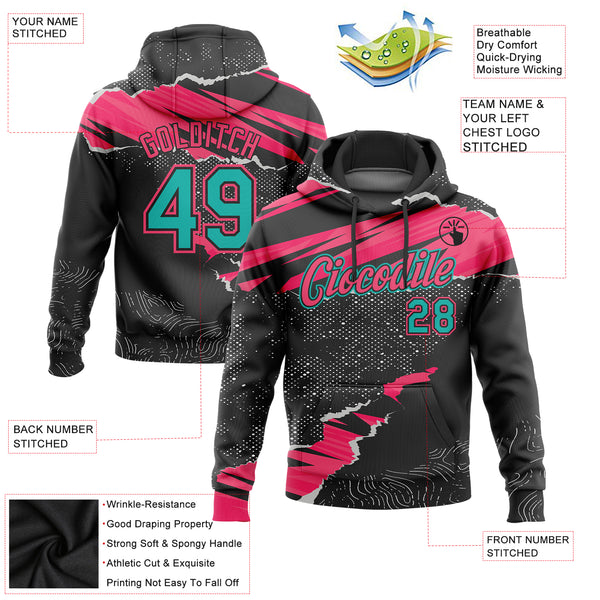 Custom Stitched Black Aqua-Neon Pink 3D Pattern Design Torn Paper Style Sports Pullover Sweatshirt Hoodie