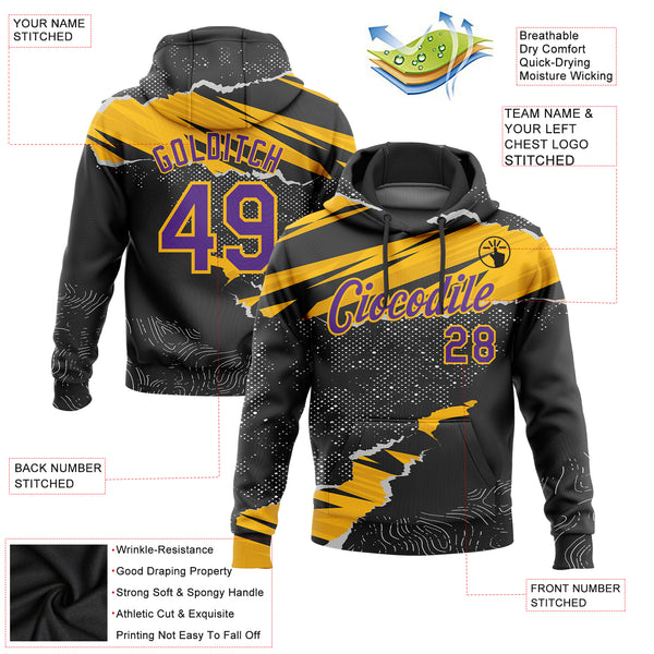 Custom Stitched Black Purple-Gold 3D Pattern Design Torn Paper Style Sports Pullover Sweatshirt Hoodie