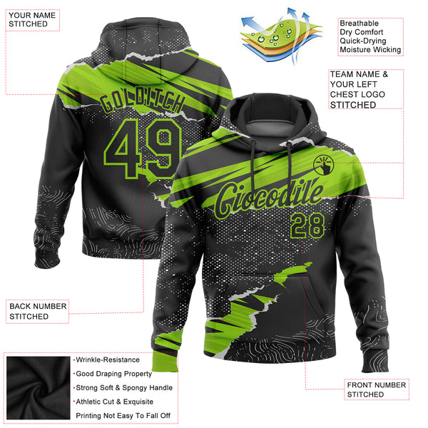 Custom Stitched Black Neon Green 3D Pattern Design Torn Paper Style Sports Pullover Sweatshirt Hoodie