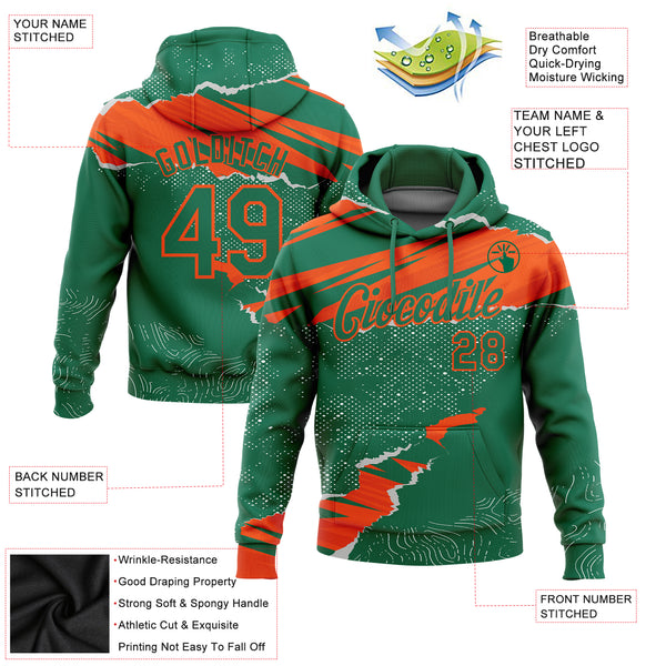 Custom Stitched Kelly Green Orange 3D Pattern Design Torn Paper Style Sports Pullover Sweatshirt Hoodie