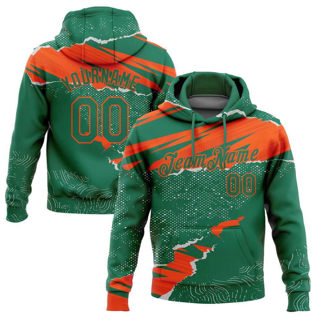 Custom Stitched Kelly Green Orange 3D Pattern Design Torn Paper Style Sports Pullover Sweatshirt Hoodie