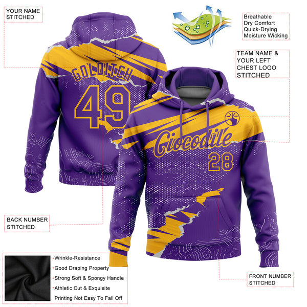 Custom Stitched Purple Gold 3D Pattern Design Torn Paper Style Sports Pullover Sweatshirt Hoodie