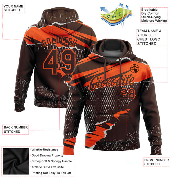 Custom Stitched Brown Orange 3D Pattern Design Torn Paper Style Sports Pullover Sweatshirt Hoodie