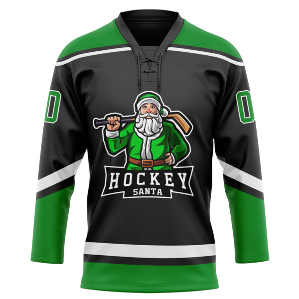 Custom Black Grass Green-White Christmas Santa Claus 3D Hockey Lace Neck Jersey