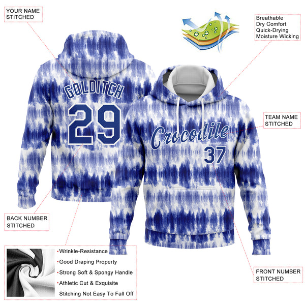 Custom Stitched Tie Dye Royal-White 3D Watercolor Sports Pullover Sweatshirt Hoodie