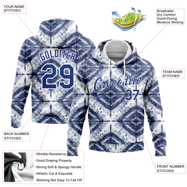 Custom Stitched Tie Dye Royal-White 3D Watercolor Shibori Style Sports Pullover Sweatshirt Hoodie