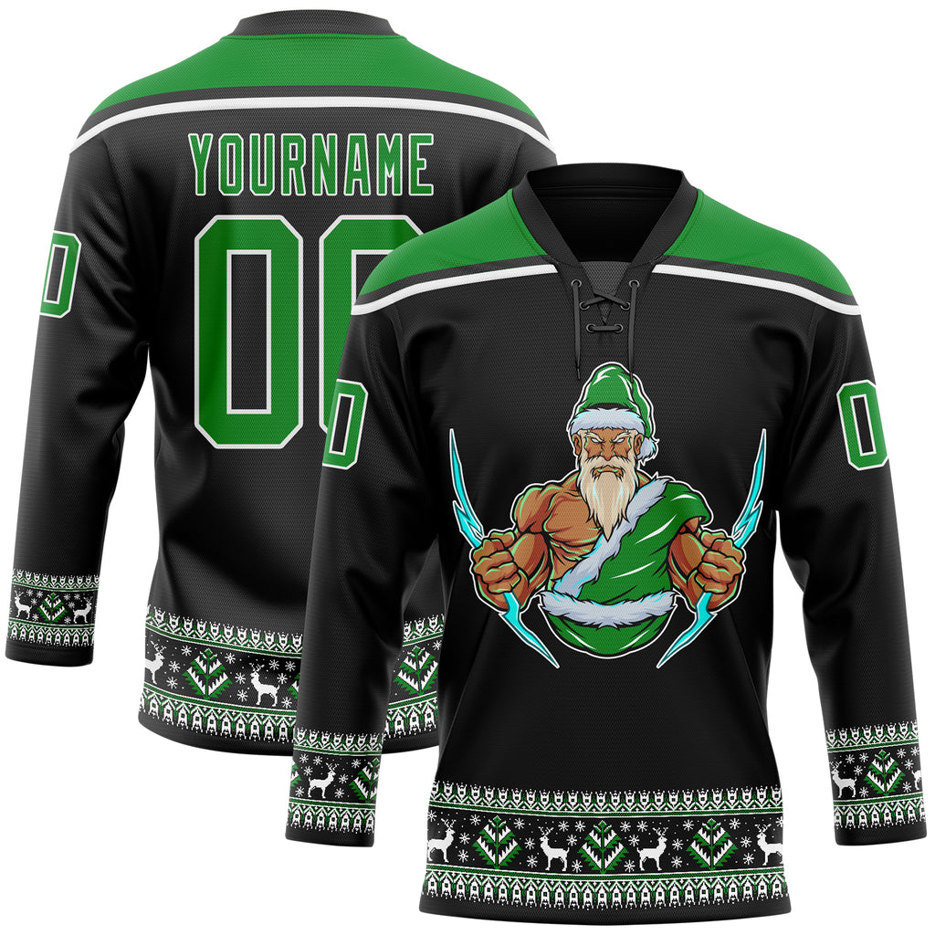 Custom Black Grass Green-White Christmas Santa Claus 3D Hockey Lace Neck Jersey