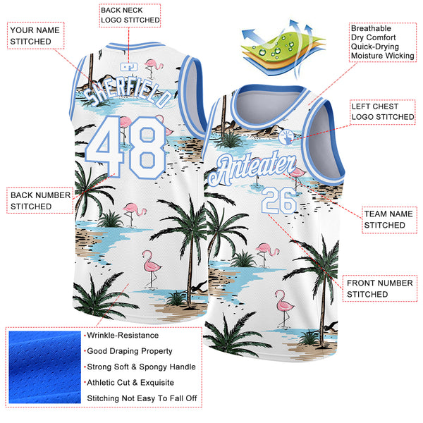 Custom White Light Blue 3D Pattern Tropical Hawaii Palm Trees Authentic Basketball Jersey