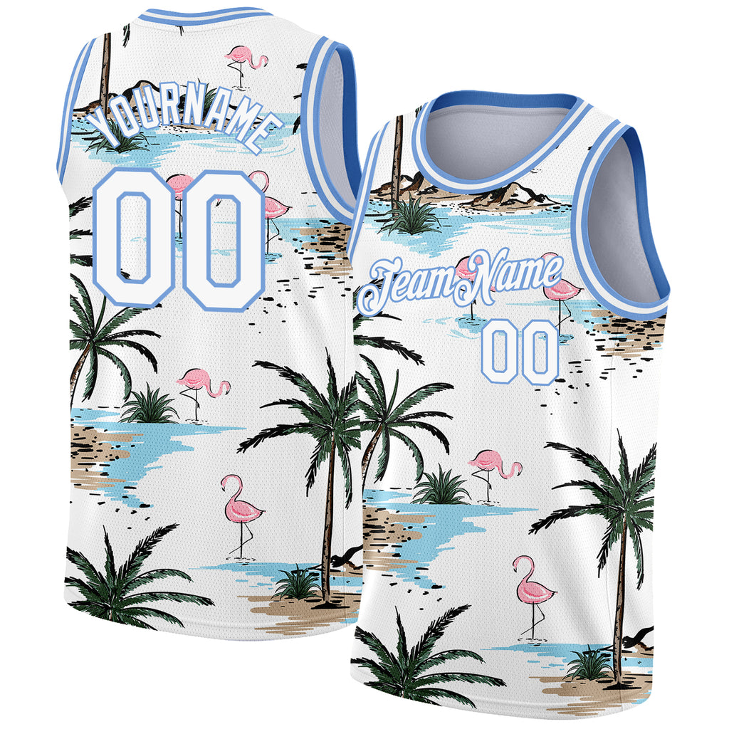 Custom White Light Blue 3D Pattern Tropical Hawaii Palm Trees Authentic Basketball Jersey