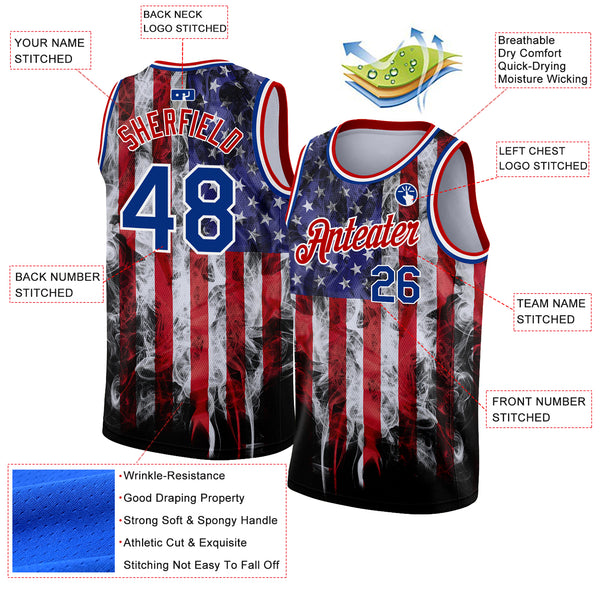 Custom White Royal-Red 3D American Flag Fashion Authentic Basketball Jersey