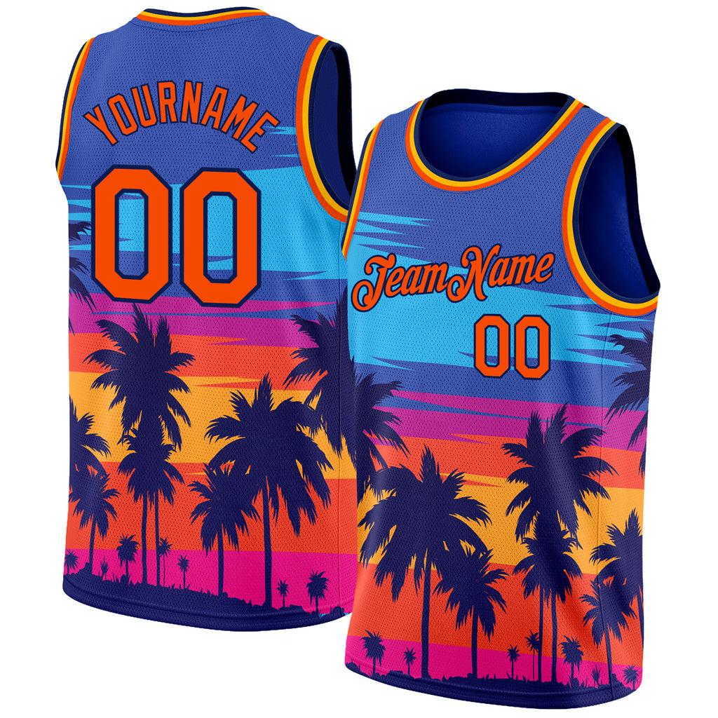 Custom Royal Orange-Navy 3D Pattern Tropical Hawaii Palm Trees Authentic Basketball Jersey