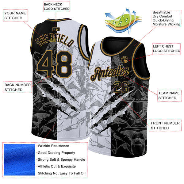 Custom Graffiti Pattern Black-Old Gold 3D Scratch Authentic Basketball Jersey