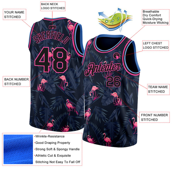 Custom Black Pink-Light Blue 3D Pattern Design Flamingo Authentic Basketball Jersey