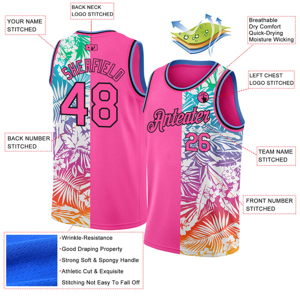 Custom Pink Black 3D Pattern Tropical Hawaii Palm Leaves Authentic Basketball Jersey