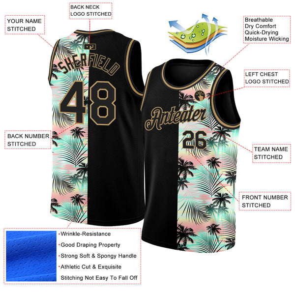 Custom Black Old Gold 3D Pattern Tropical Hawaii Palm Trees Authentic Basketball Jersey