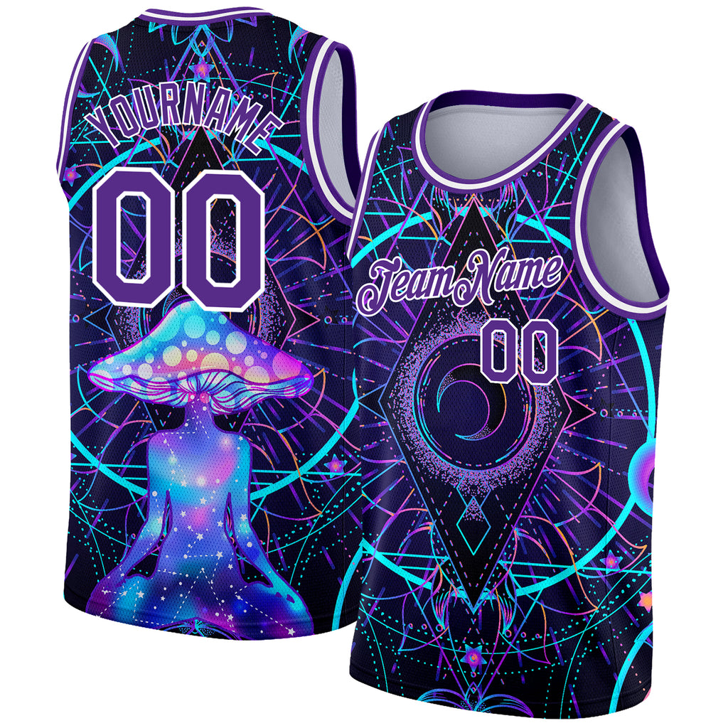 Custom Purple White 3D Pattern Design Magic Mushrooms Over Sacred Geometry Psychedelic Hallucination Authentic Basketball Jersey
