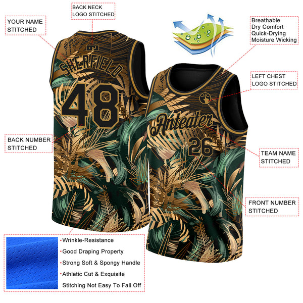 Custom Black Old Gold 3D Pattern Tropical Hawaii Palm Leaves Authentic Basketball Jersey