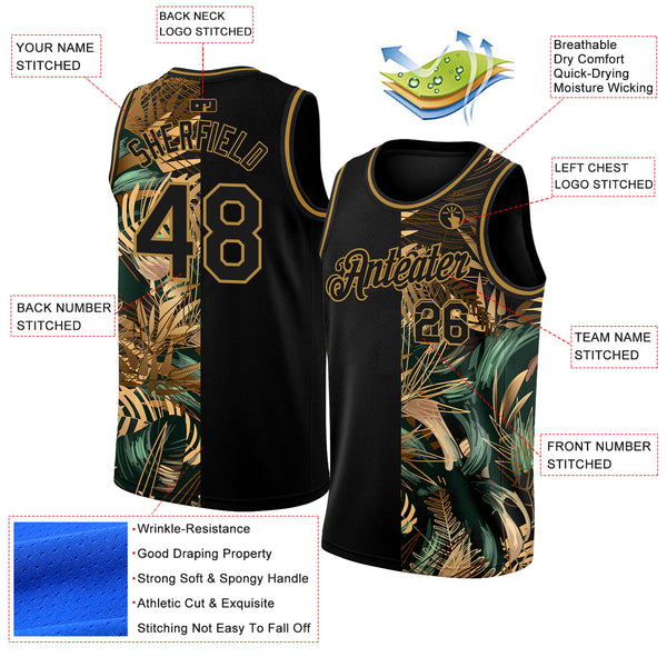 Custom Black Old Gold 3D Pattern Tropical Hawaii Palm Leaves Authentic Basketball Jersey