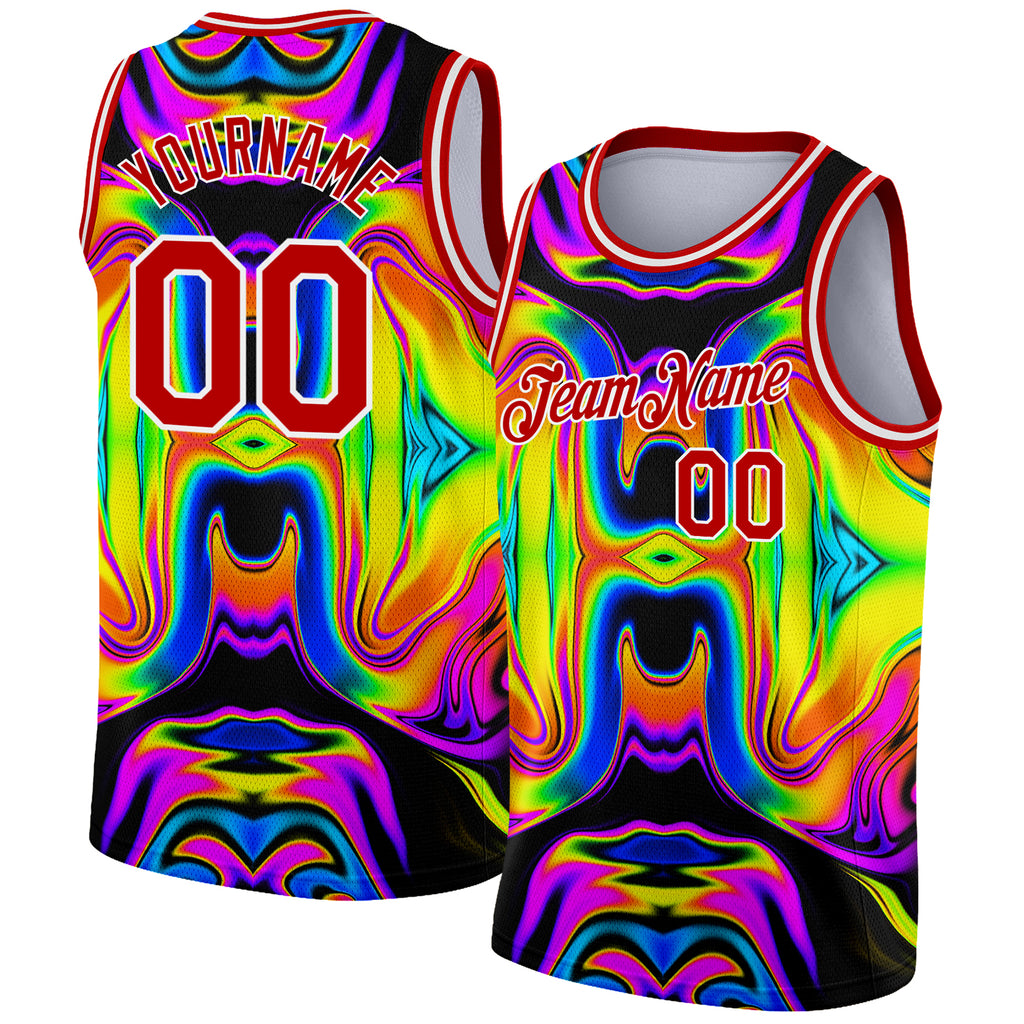 Custom Black Red-White 3D Pattern Design Abstract Iridescent Psychedelic Swirl Fluid Art Authentic Basketball Jersey