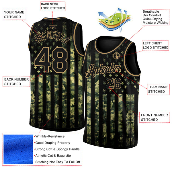 Custom Camo Black-Old Gold 3D American Flag Fashion Authentic Salute To Service Basketball Jersey