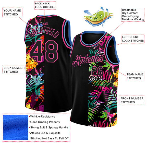 Custom Black Pink-Light Blue 3D Pattern Tropical Hawaii Palm Leaves Authentic Basketball Jersey