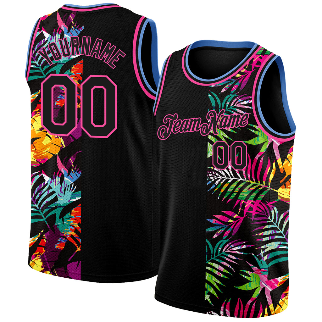 Custom Black Pink-Light Blue 3D Pattern Tropical Hawaii Palm Leaves Authentic Basketball Jersey