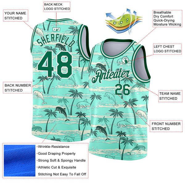 Custom Teal Kelly Green-White 3D Pattern Tropical Hawaii Palm Trees Authentic Basketball Jersey