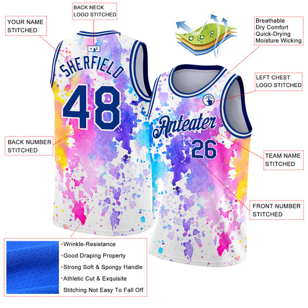 Custom White Royal 3D Pattern Design Watercolor Splash Authentic Basketball Jersey
