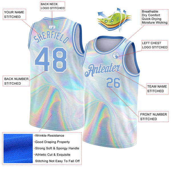 Custom White Light Blue 3D Pattern Design Abstract Trendy Holographic Vaporwave Style Authentic Basketball Jersey