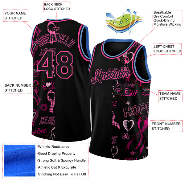 Custom Black Pink-Light Blue 3D Pattern Design Pink Ribbon Breast Cancer Awareness Month Women Health Care Support Authentic Basketball Jersey