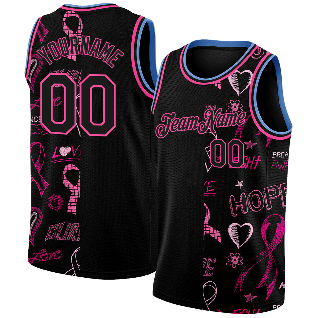 Custom Black Pink-Light Blue 3D Pattern Design Pink Ribbon Breast Cancer Awareness Month Women Health Care Support Authentic Basketball Jersey