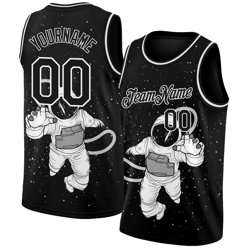 Custom Black White 3D Pattern Design Astronaut Authentic Basketball Jersey